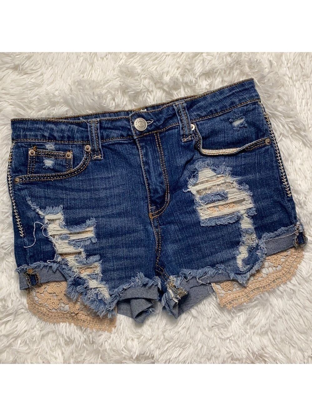 Almost famous crochet frayed bottom cut off denim shorts